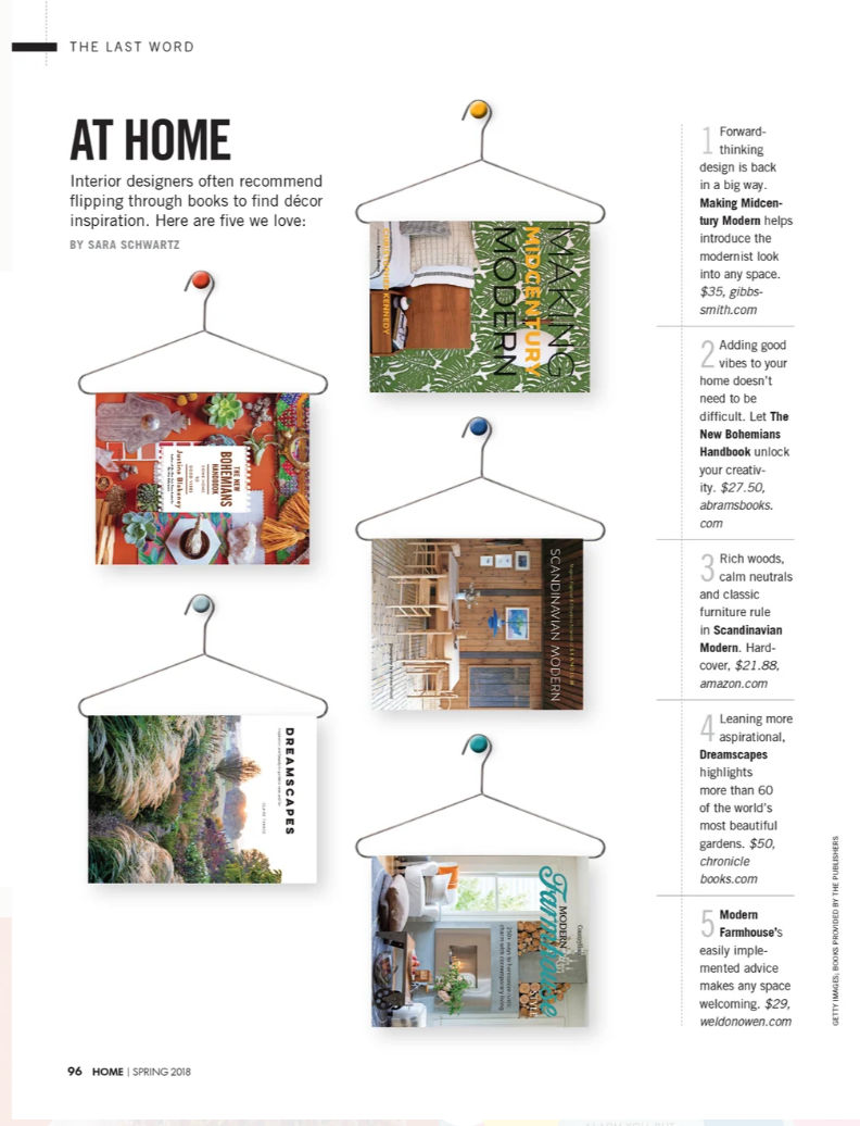Five decorative book pages hanging on hangers, each featuring different interior design book covers. The covers display various themes including nature-inspired decor, Scandinavian modern, dreamy gardens, and farmhouse style.