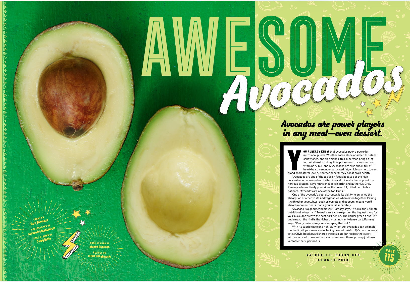 A magazine page featuring a large, halved avocado with a green background on the left and a green patterned background on the right. The headline reads 'AWESOME Avocados,' and the page includes text about avocado health benefits and recipes, with sma