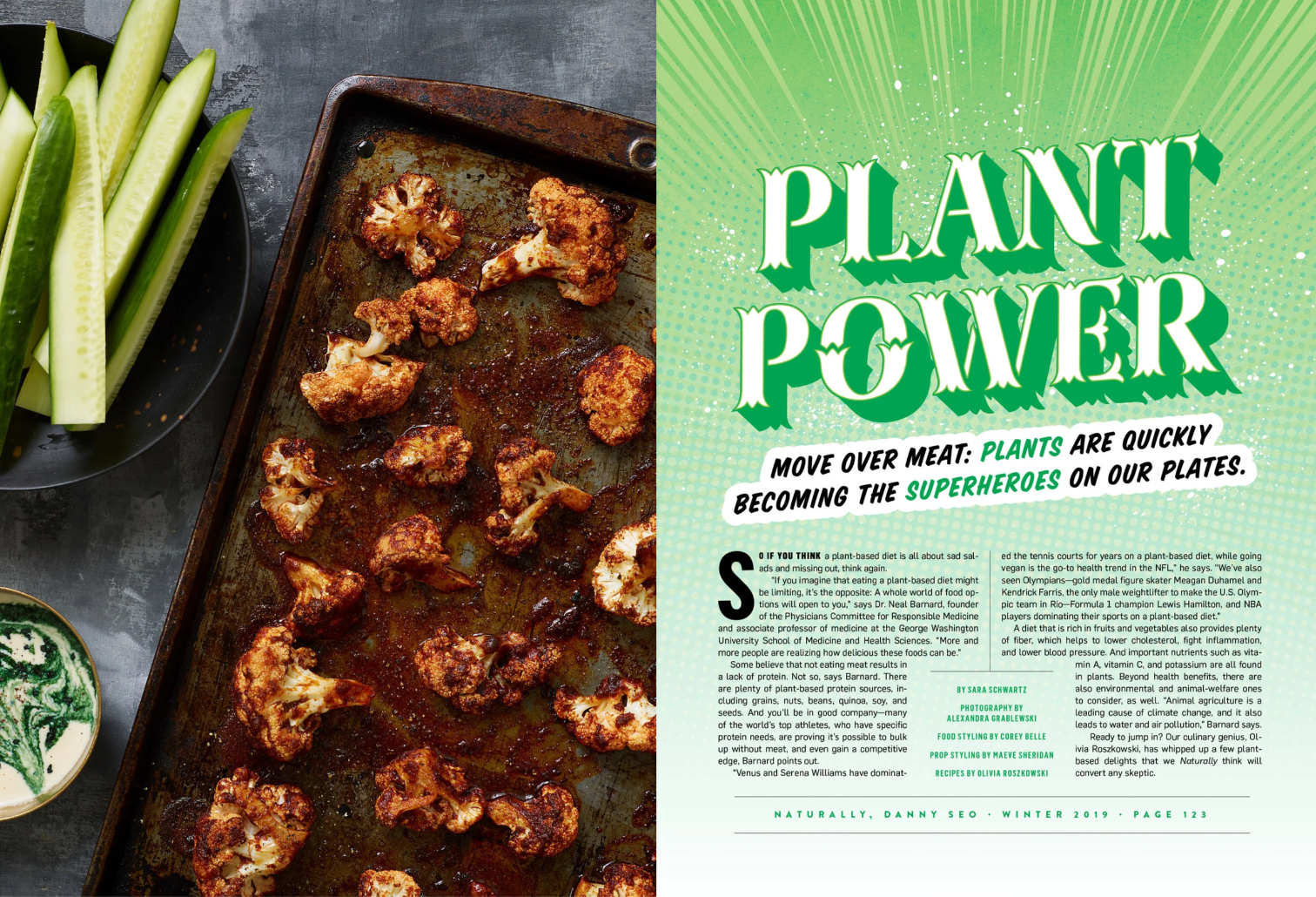 A magazine page featuring an article about plant-based eating with a photo of roasted cauliflower on a baking sheet, cucumber sticks on a black plate, and vibrant green graphics.