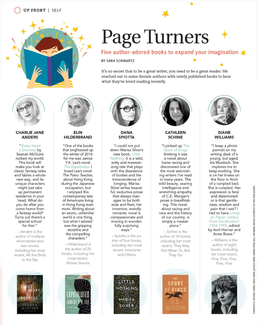 A magazine or book spread titled "Page Turners" featuring five author-backed books with short descriptions and author photos, including books by Seanan McGuire, Janice Wai Klee, Marisa Silver, C.E. Morgan, and Iris Murdoch.