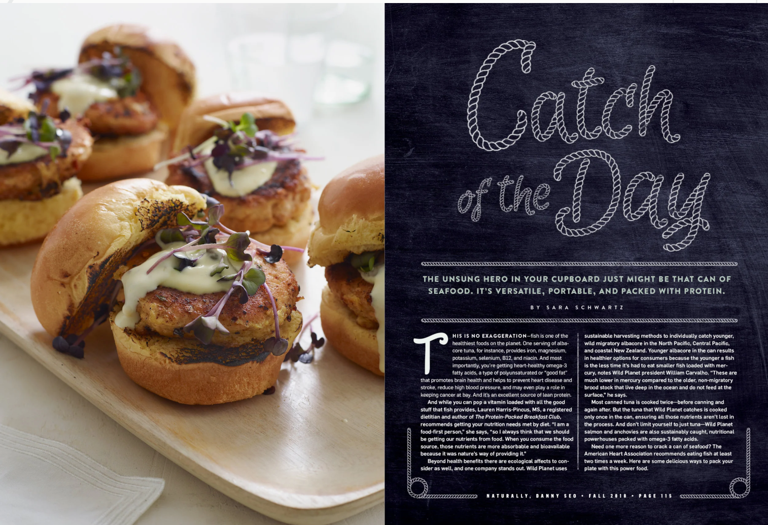 Page with the title 'Catch of the Day' and a subtitle about canned seafood, on a dark background, alongside a close-up photo of mini sandwiches with seafood patties topped with microgreens on a wooden platter.