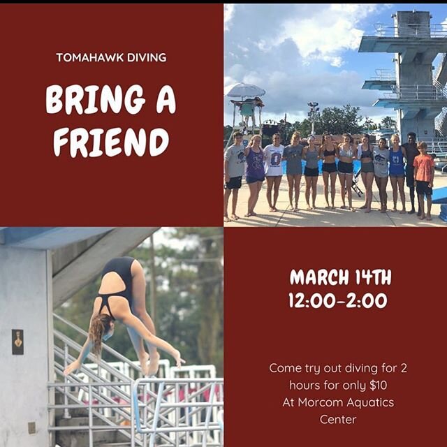 Have you ever wanted to try out diving? Maybe you just wanted to jump off the 10 meter. Or maybe you just want to play on our trampolines. Then come on by March 14th from 12-2 to experience all the fun we have to offer. It is just $10 and we promise 