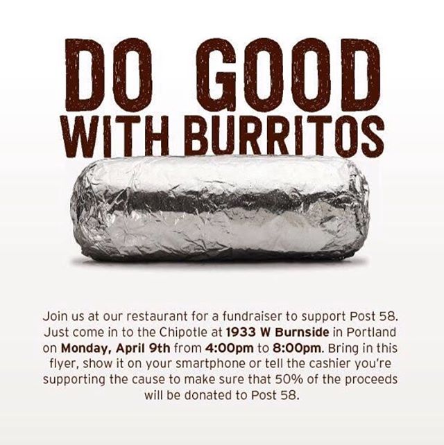 Today only!!! 4-8pm at the burnside chipotle, anyone can participate just mention the Post before you pay 🌯 💜