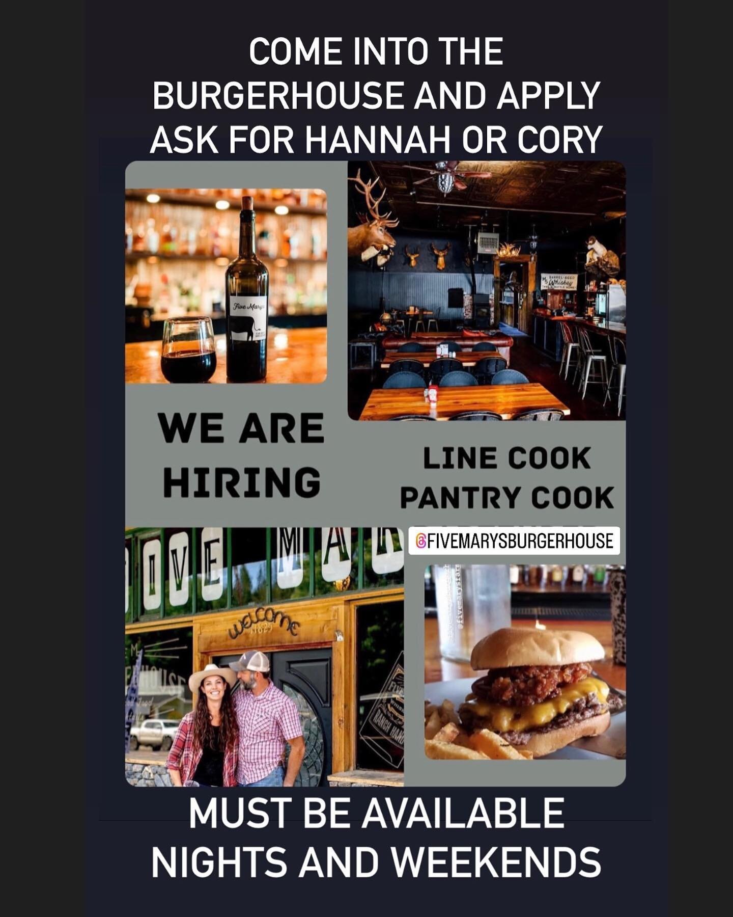 Competitive pay, food and a fun staff and atmosphere! Come apply we&rsquo;re getting ready for summer. Must be available nights and weekends.. no phone calls please! Stop by and ask for Hannah or Cory. We&rsquo;re open Monday-Saturday @11