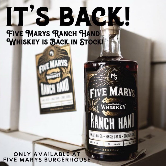 Five Marys Ranch Hand Whiskey is BACK! Made from the finest quality ingredients and aged 2.5 years by the best darn distiller partners in Arcata, California @alchemydistillery - a limited number of bottles are available now at Five Marys Burgerhouse!