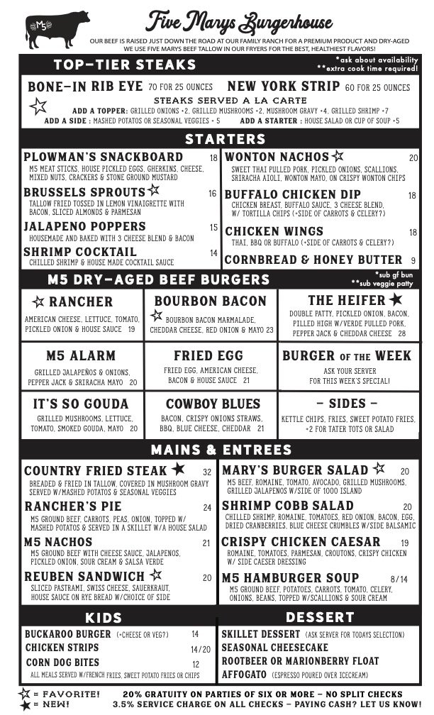 new burgerhouse menu May 2026 five marys