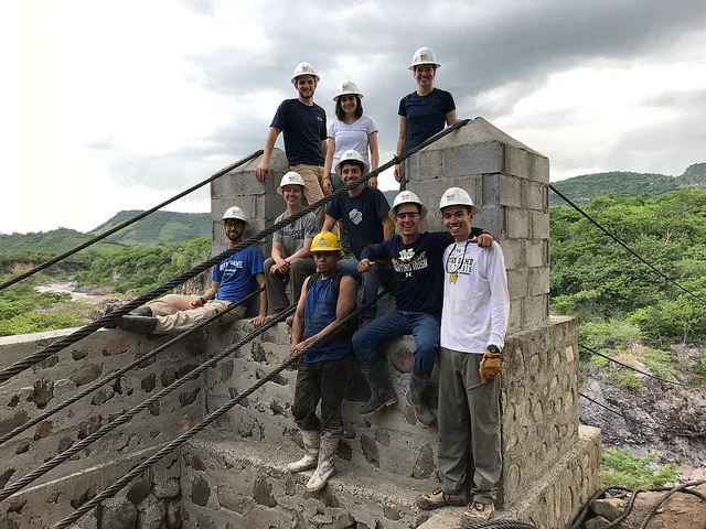 The University of Notre Dame team constructing their 2017 footbridge in Las Pencas, Nicaragua.