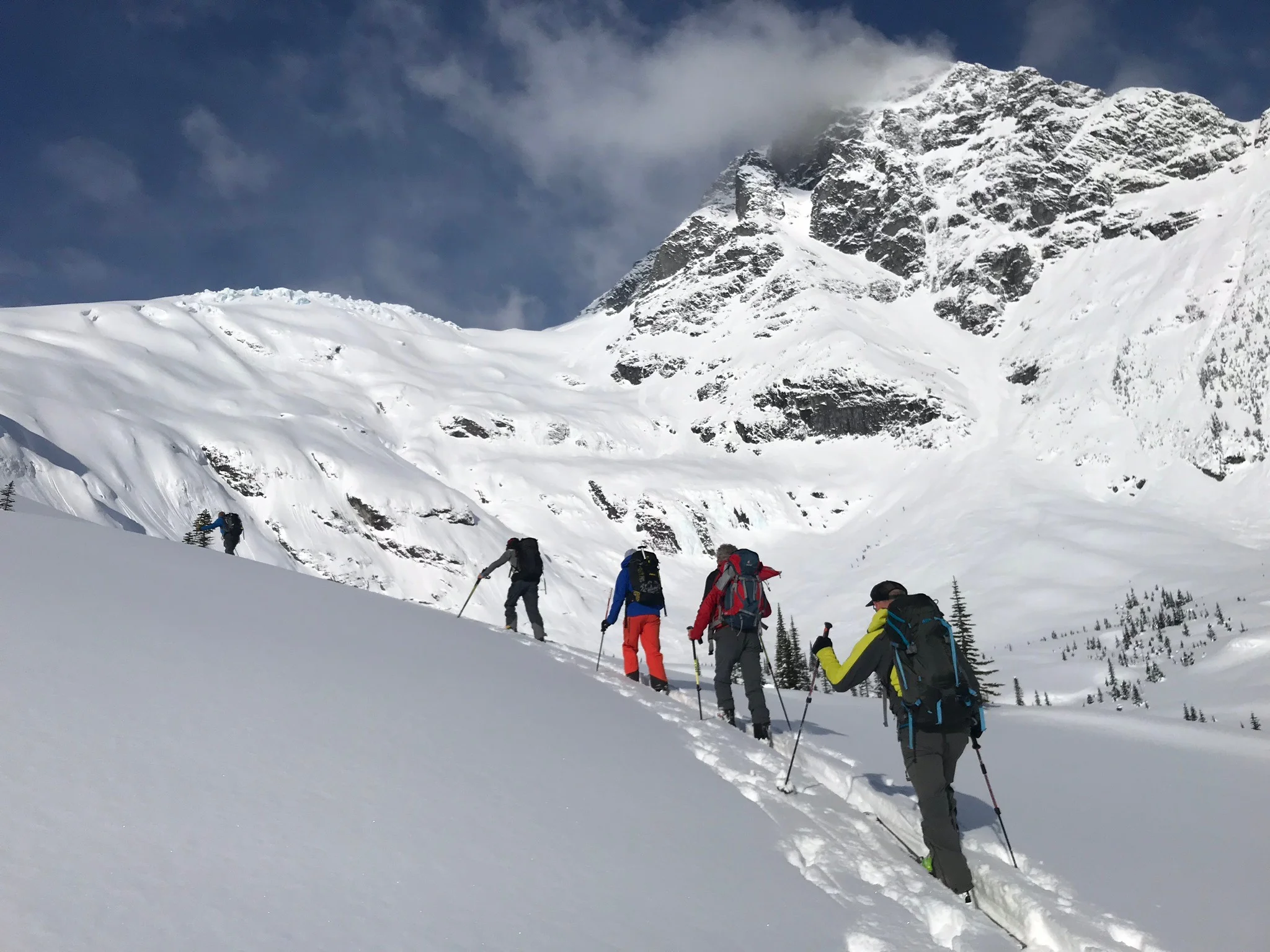 Touring up underneath the Loft Glacier on our way up to Loft Peak.