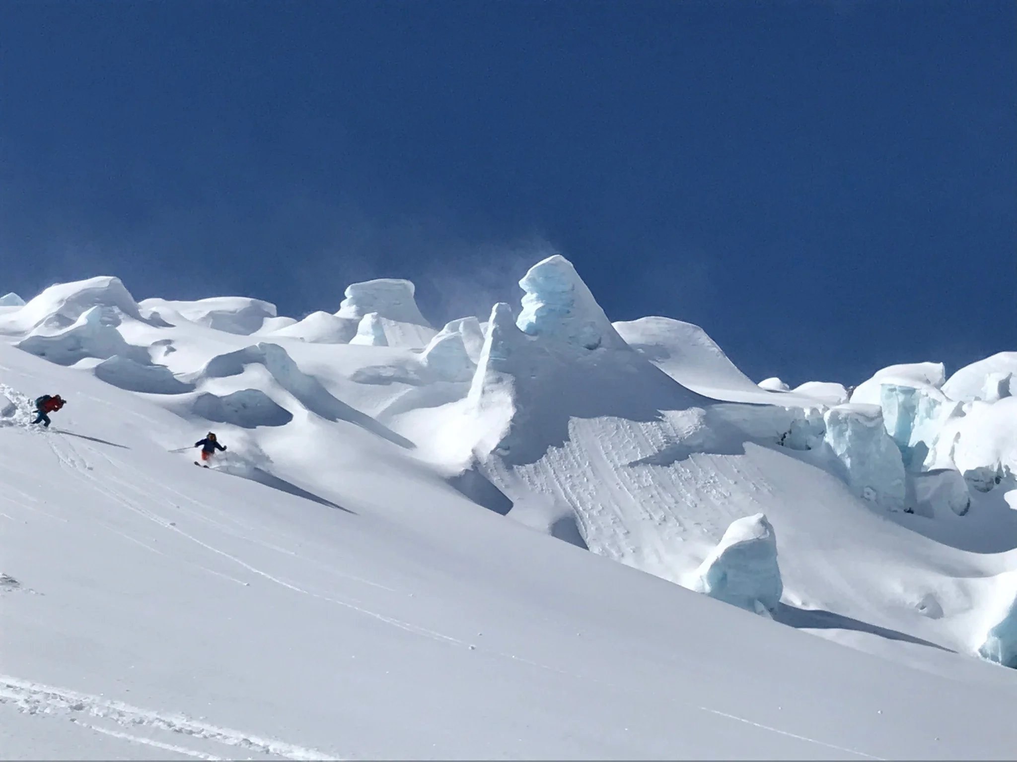 Louis and Joe getting the shot under the seracs of the Loft Glacier