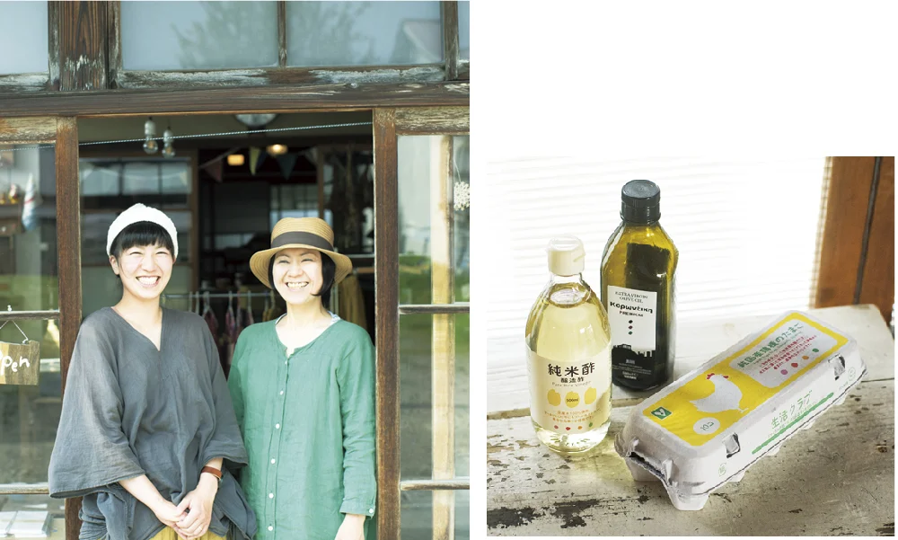 写真左/喜多方市で人気の食堂『つきとおひさま』。店主の五十嵐さん(右)と出会ったことで、岩田さんの活動に広がりが生まれた 写真右/『つきとおひさま』では、純米酢やギリシャ産オリーブオイルなどの調味料、卵などに『生活クラブ』食材を使用している