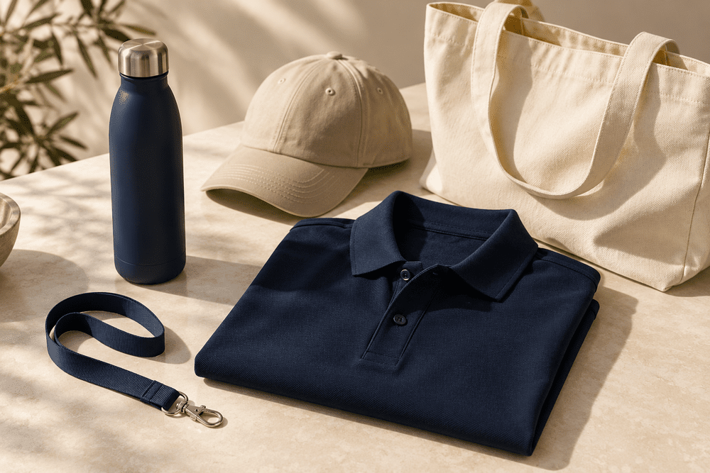 Illustrative selection of a navy polo shirt, cap, tote bag, lanyard and reusable bottle for a branded event order.