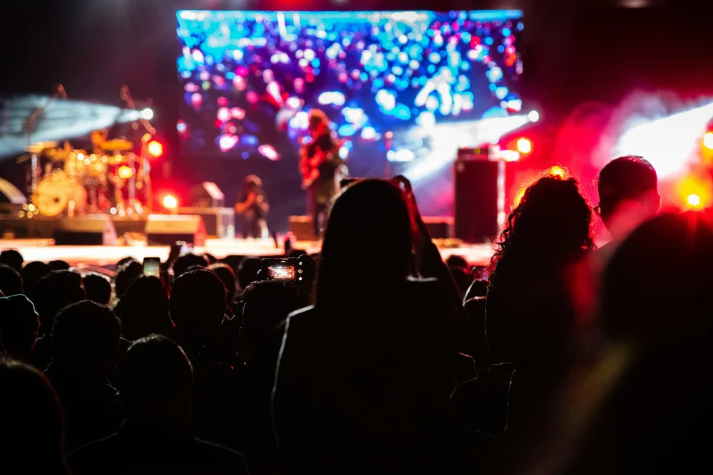 Concert audience facing an illuminated live music stage