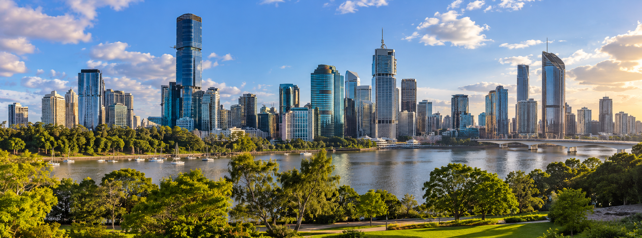 Panoramic Australian city skyline above green riverside parkland