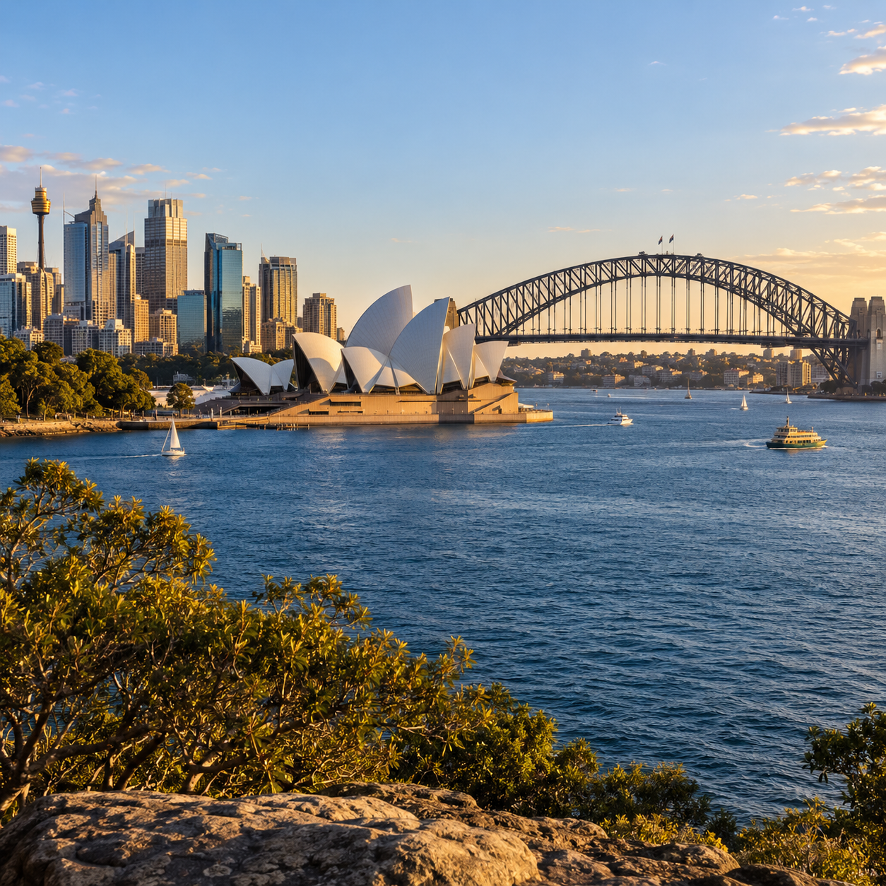 Sydney Opera House, Harbour Bridge and city skyline across Sydney Harbour in warm late-afternoon light.