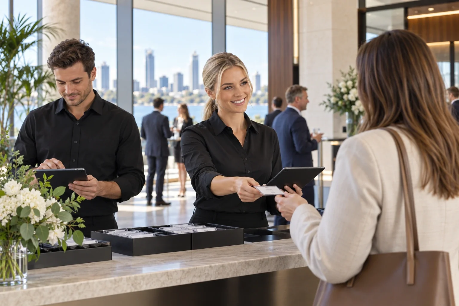 Event registration staff welcoming a guest at a corporate reception desk.