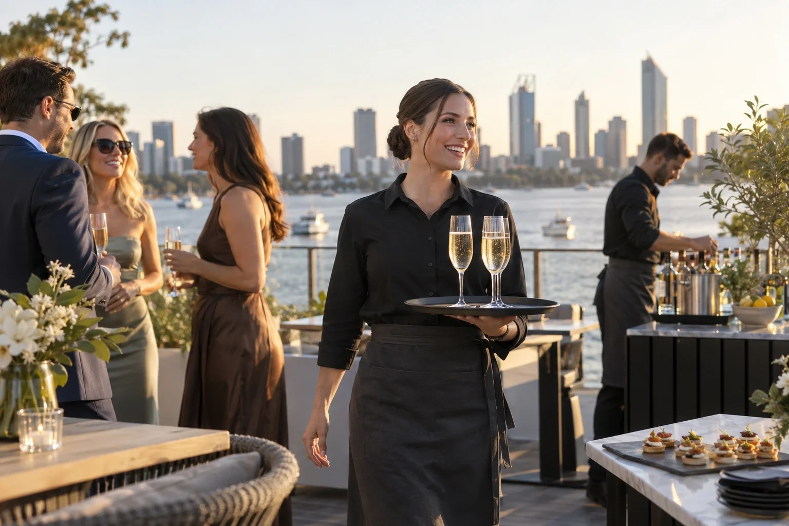 Hospitality attendant carrying a tray of drinks at an outdoor business reception.