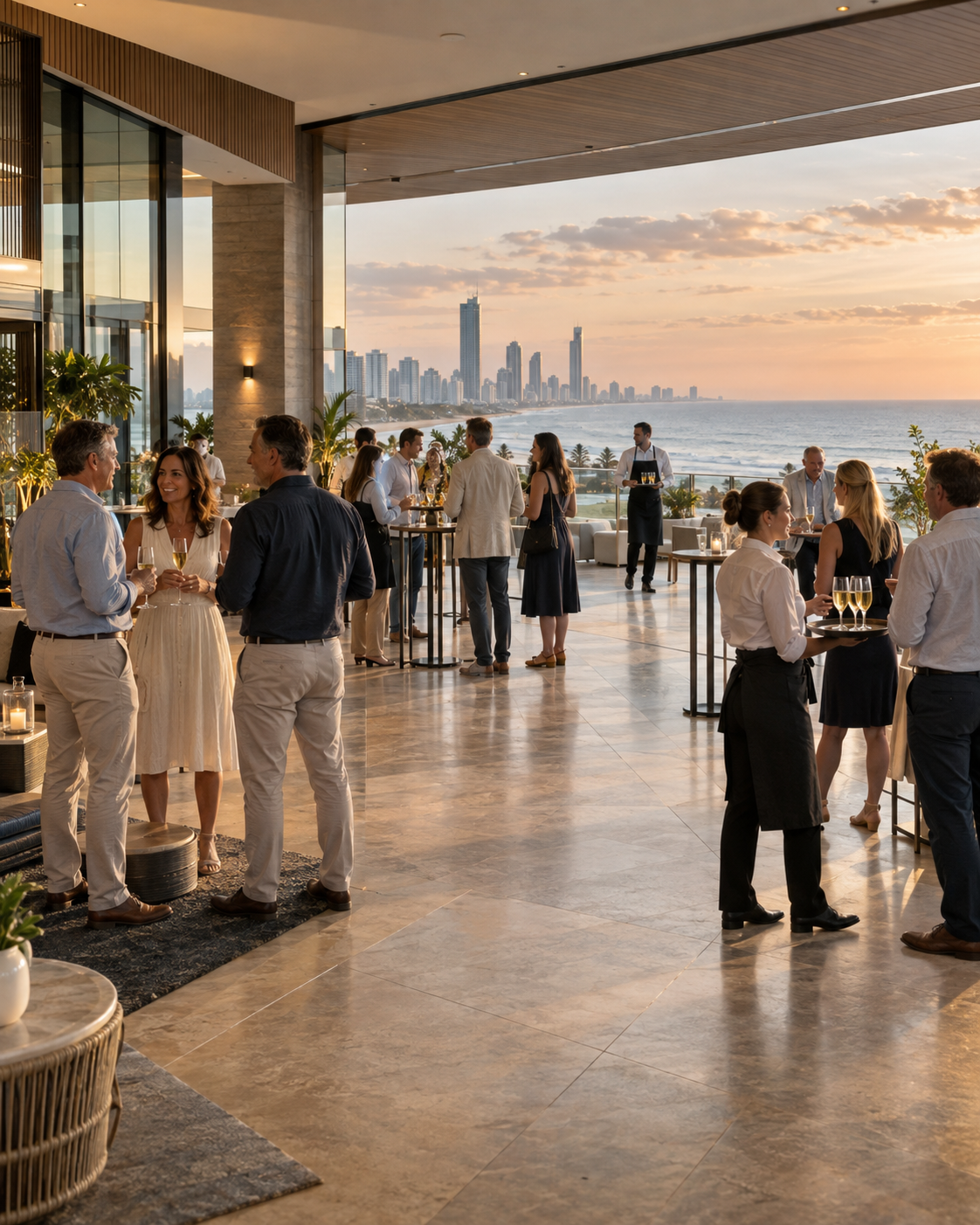 Hospitality staff serving guests at a relaxed coastal corporate reception overlooking the Gold Coast skyline.