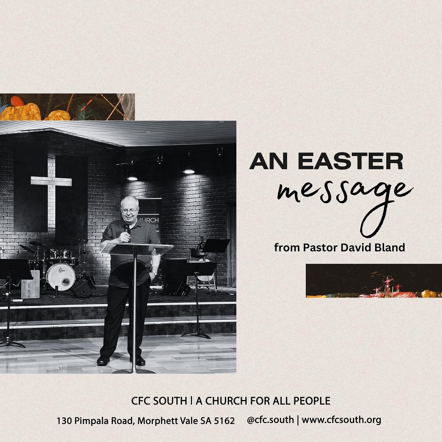 Join us this Easter @cfc.south 

Good Friday, March 29th at 9am.
Inspiring Music.
An Easter Message, from Pastor David Bland.
Communion.
And after the service we invite you to stay for coffee &amp; hot cross buns.

Join us again, Easter Sunday for ou