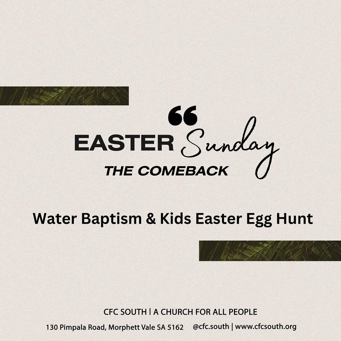 Join us this Easter @cfc.south 

Good Friday, March 29th at 9am.
Inspiring Music.
An Easter Message, from Pastor David Bland.
Communion.
And after the service we invite you to stay for coffee &amp; hot cross buns.

Join us again, Easter Sunday for ou