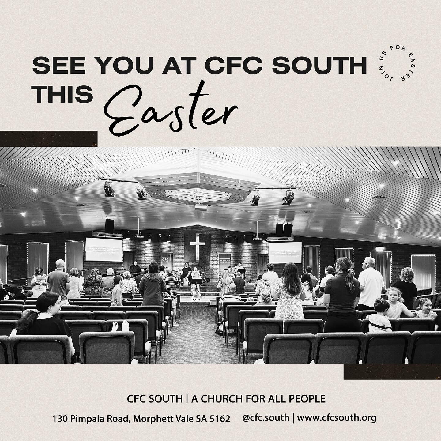 Join us this Easter @cfc.south 
Encounter God&rsquo;s Love.
Consider the real Jesus.
Explore the reason for Hope.

Good Friday, March 29th at 9am.
Inspiring Music.
An Easter Message, from Pastor David Bland.
Communion.
And after the service we invite