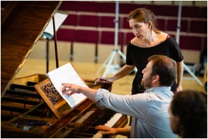 Anneke Scott & Steven Devine, recording "Songs of Love, War & Melancholy" (photo credit John Charlton)