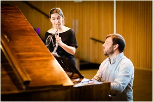 Anneke Scott & Steven Devine, recording "Songs of Love, War & Melancholy" (photo credit John Charlton)