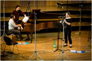 Anneke Scott & Steven Devine, recording "Songs of Love, War & Melancholy" (photo credit John Charlton)
