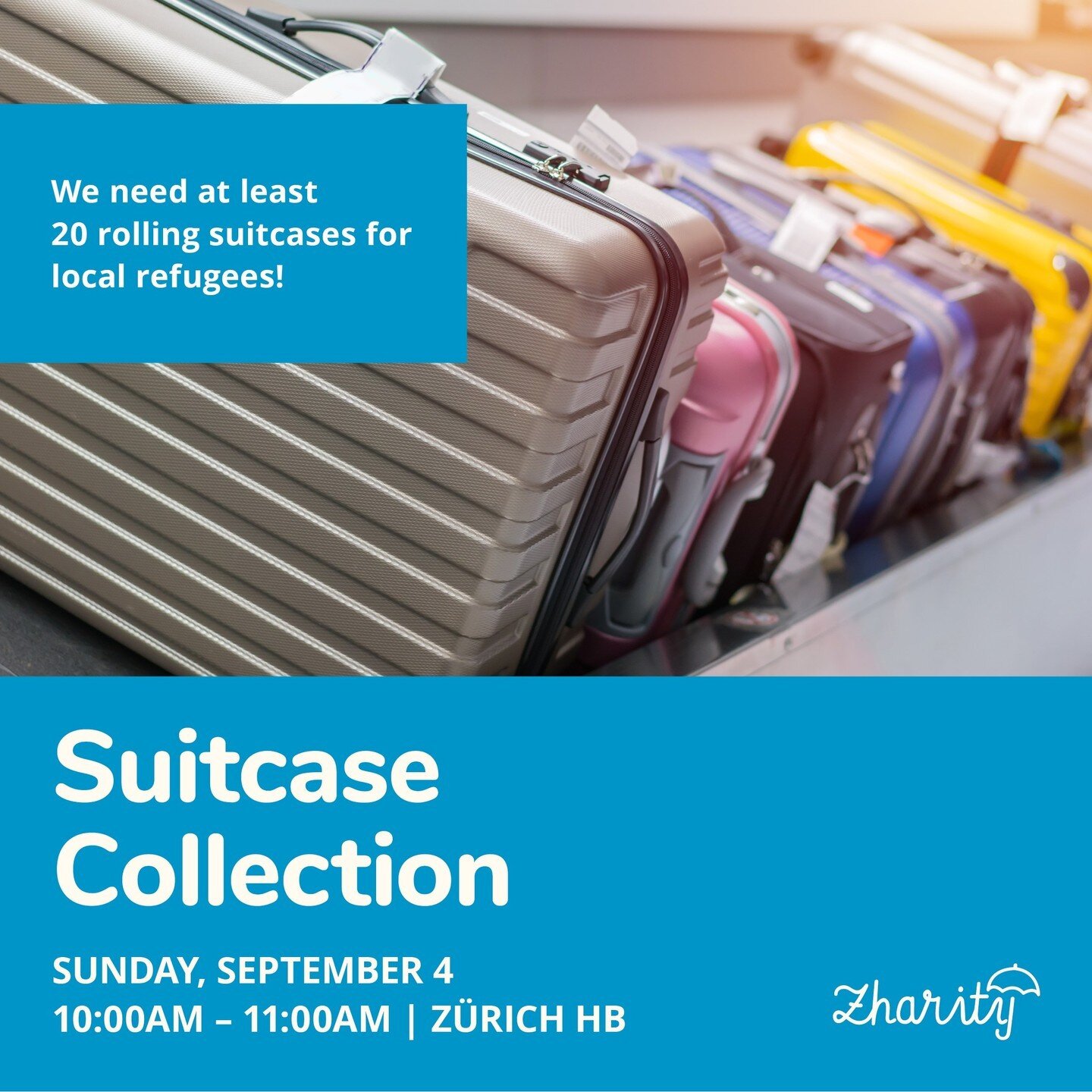 Old suitcase cluttering your basement?⁠
⁠
On Sunday, September 4 at Z&uuml;rich HB,  we will be collecting gently-loved suitcases for refugees⁠
⁠
Sign up via our link in bio