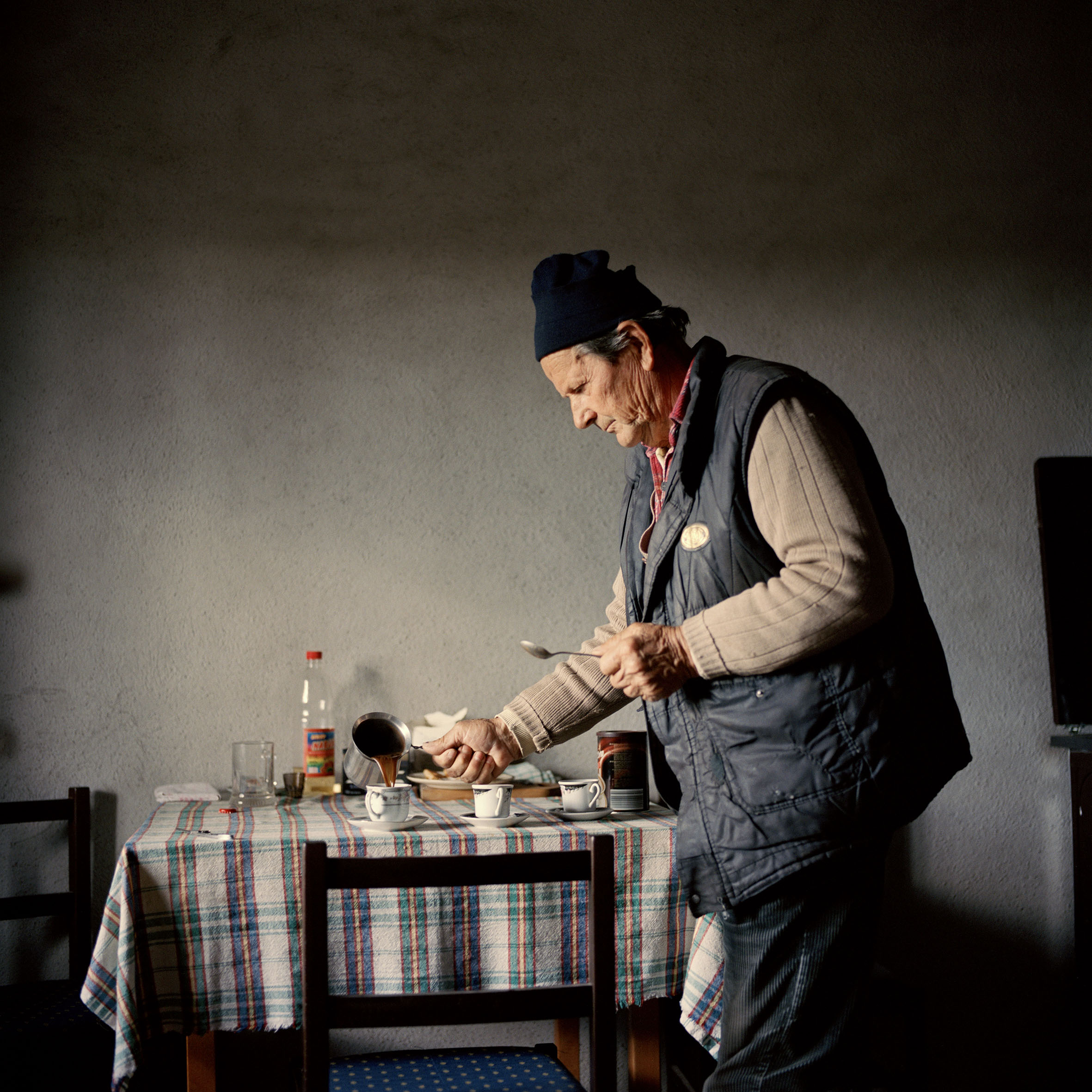  Branko Banic makes a customary cup of Turkish coffee in his newly rebuilt kitchen. When he and his wife Maria returned to Croatia in 2006 their house was completely dilapidated. After 6 months of living with cousins nearby the elderly couple were gi