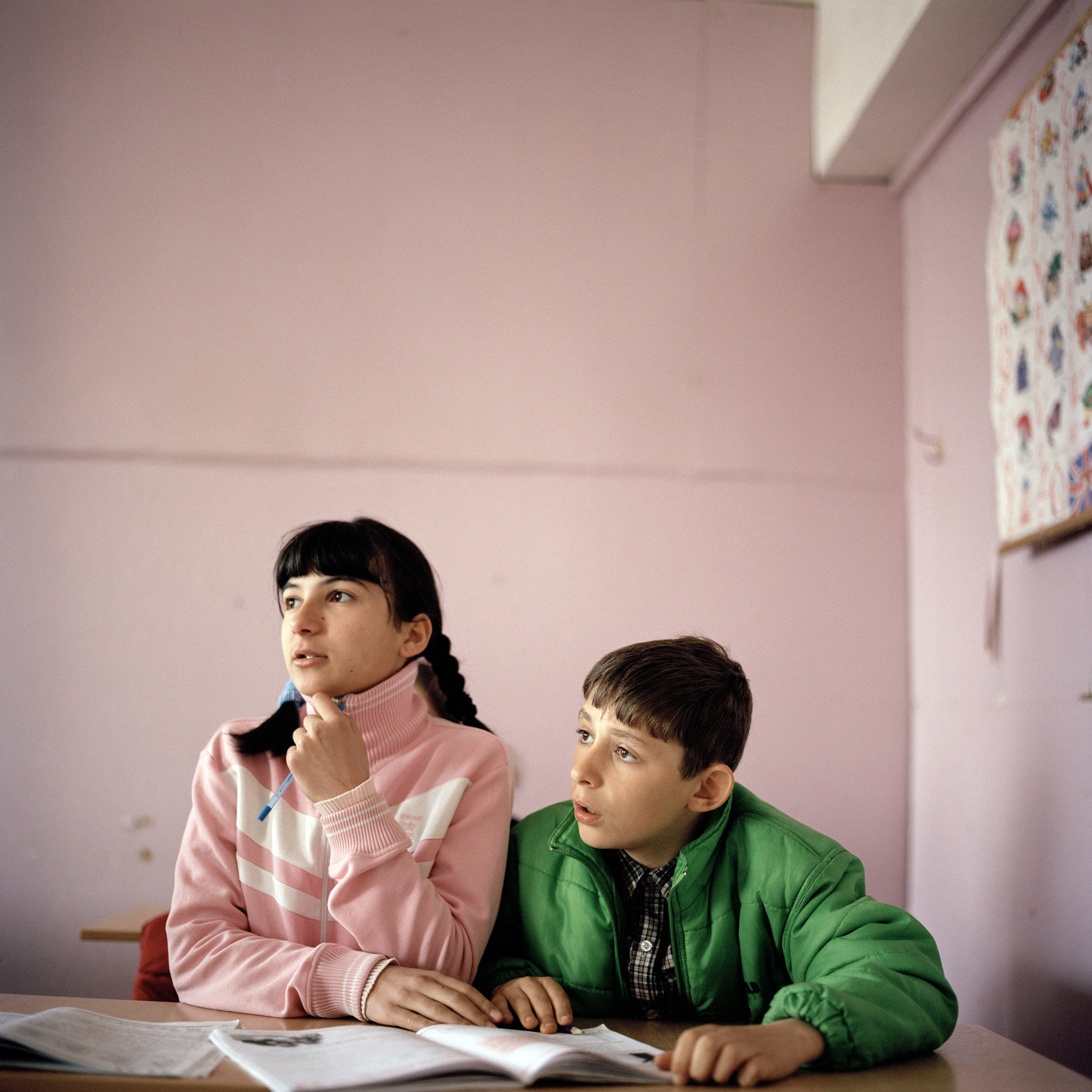 Children during an English language class at one of the two still functioning primary schools in the town of Gali.
