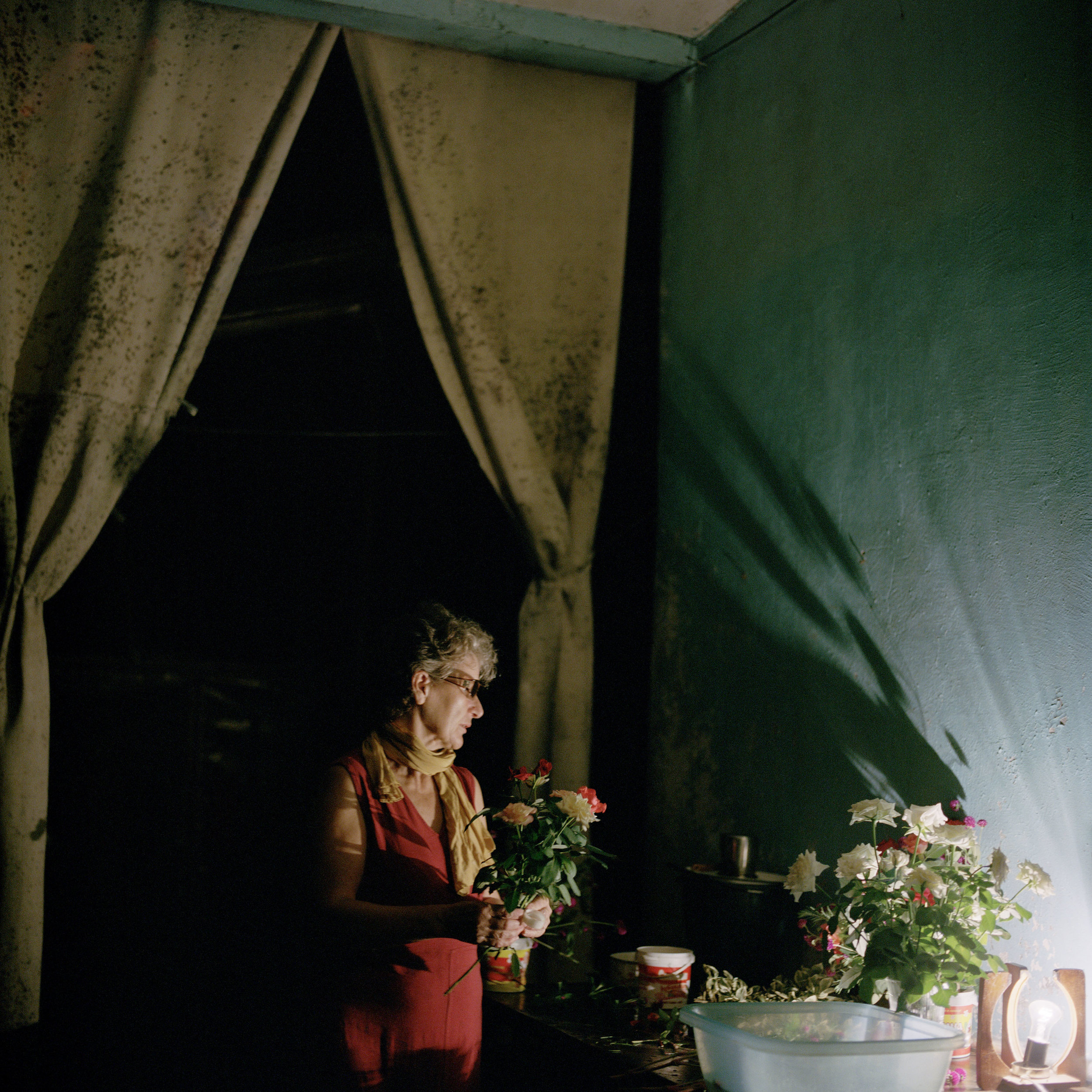 Julie Megeneishvili arranges bunches of flowers to sell at her newly opened shop in the town of Gali.