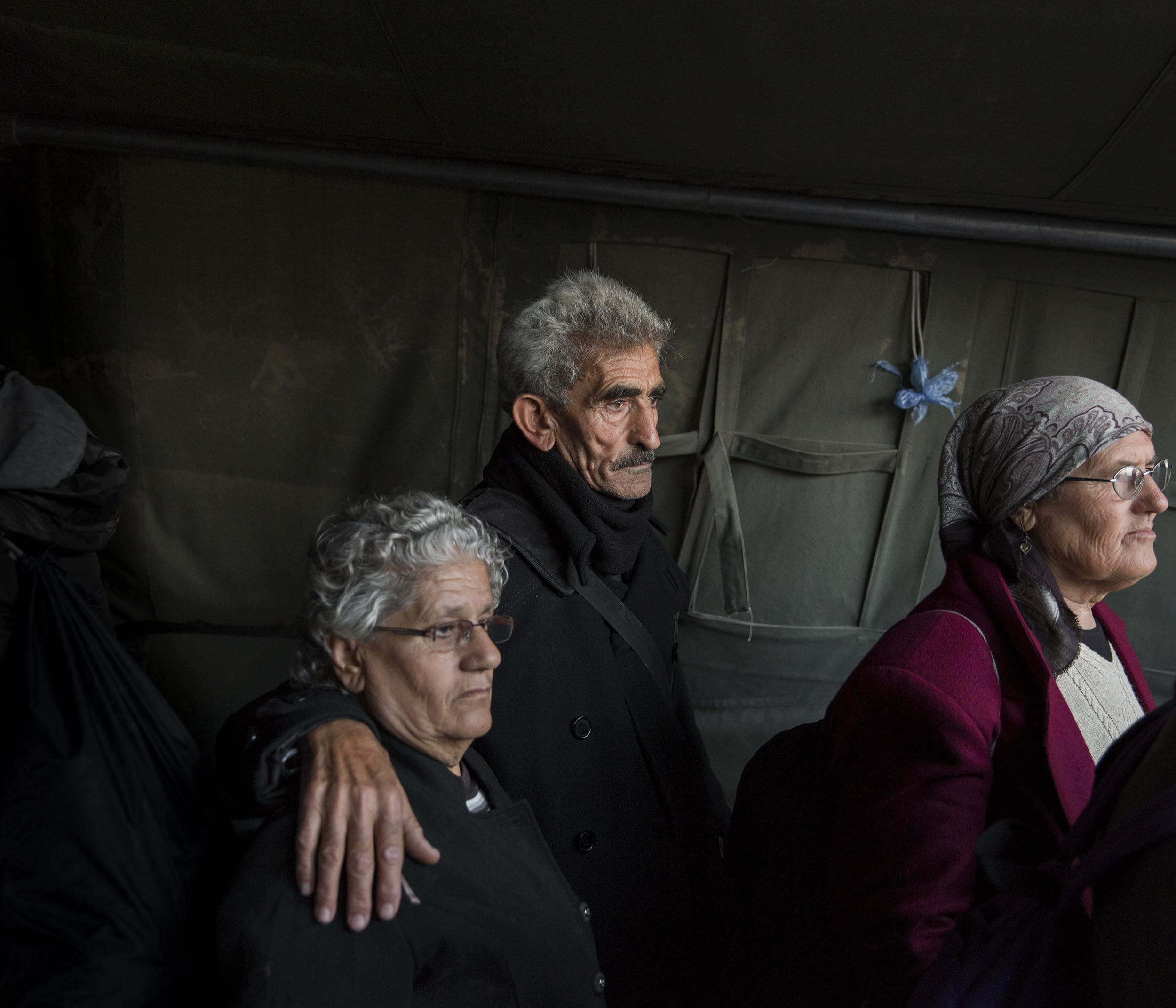 66-year-old Assyrian Christian refugee George Khuriye and his wife Chamoun wait to cross from Serbia into Croatia at the Babska crossing. Originally from Qamishle in Northern Syria, George and his brother fled along with their wives after ISIS began
