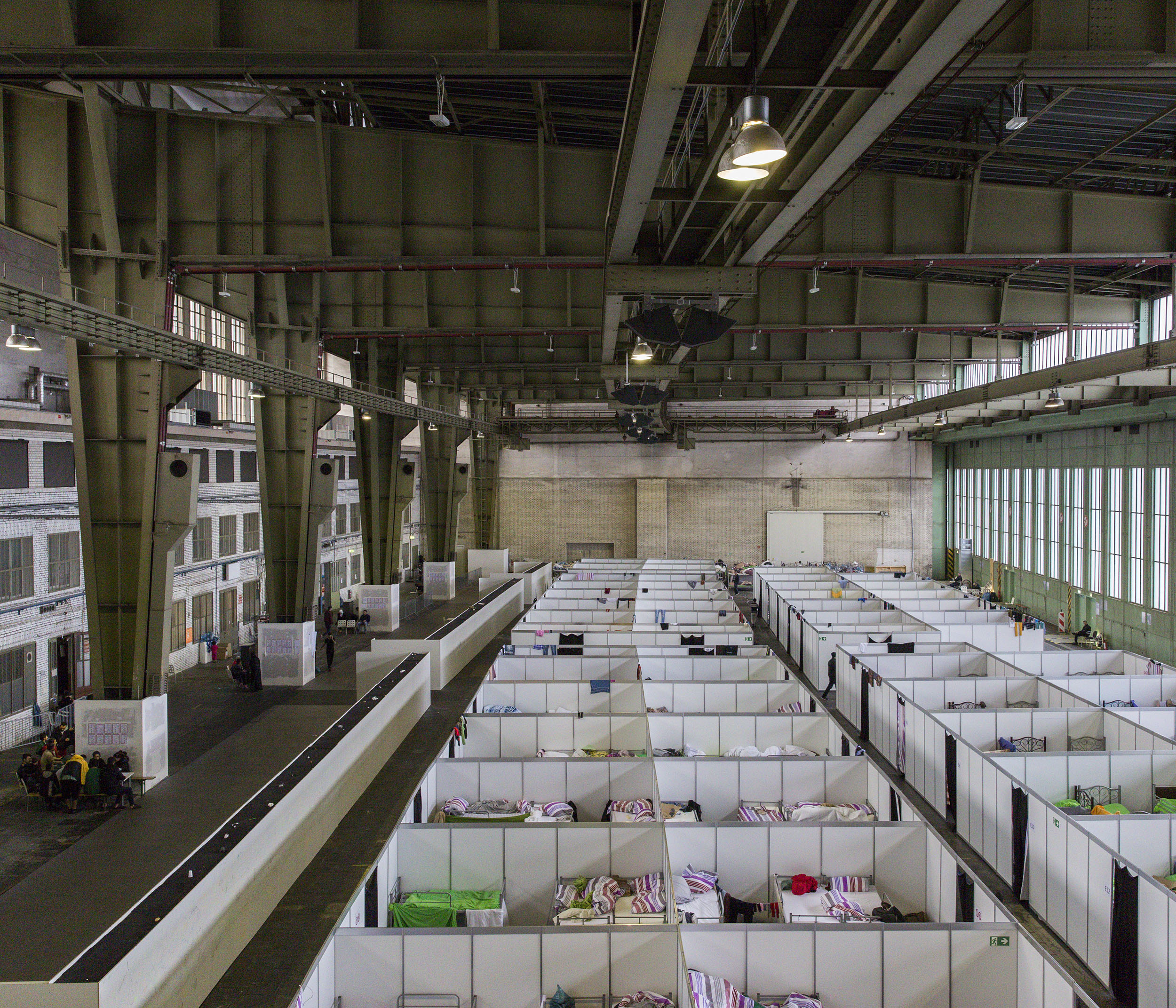 One of three huge hangars at Tempelhof airport in Berlin that were opened to cope with the huge numbers of refugees that founf their way to Germany throughout 2015 and 2016.