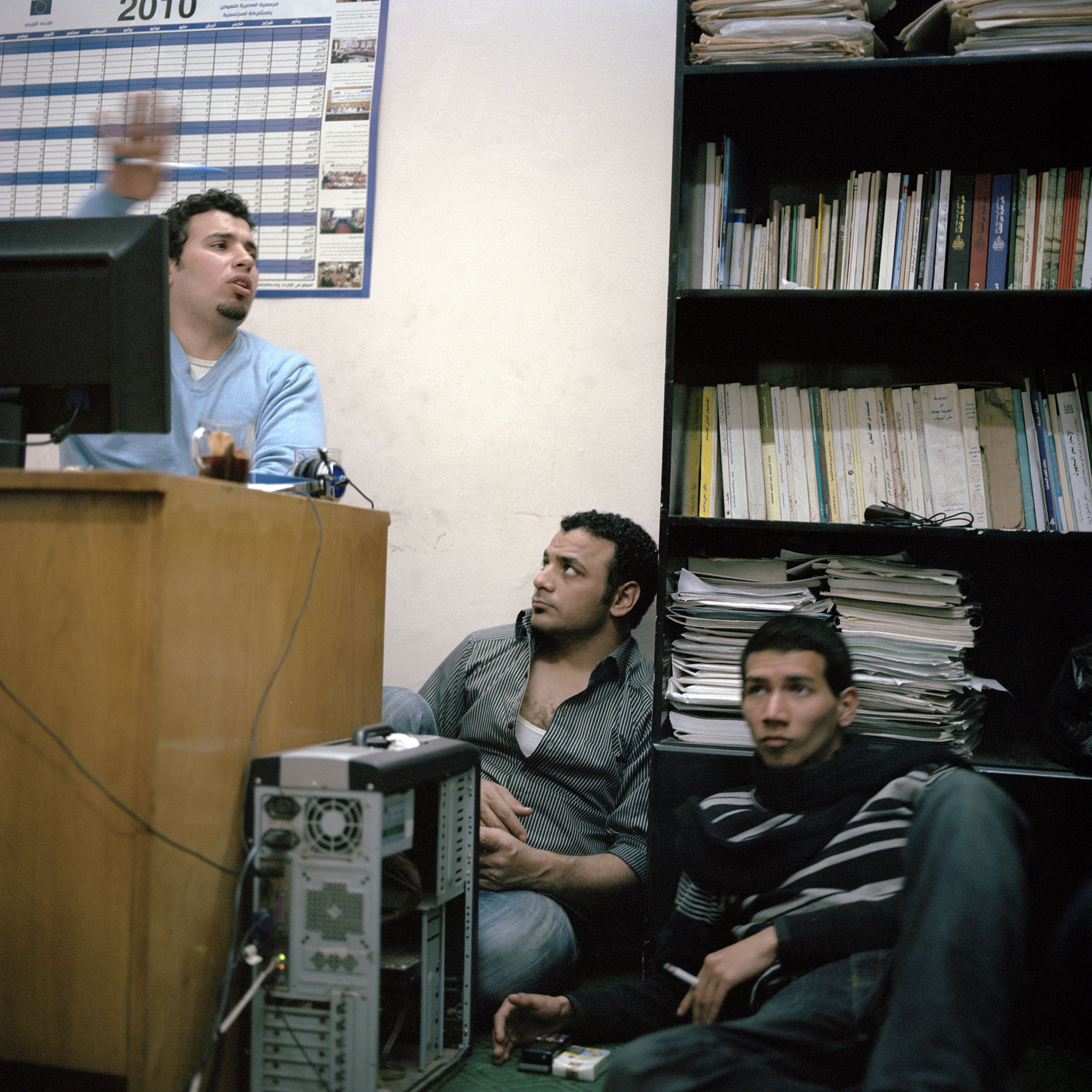  Members of the "26th of July Movement", a activism group set up through facebook in 2007, discuss plans to take the protests outside of Tahrir square in a bid to increase pressure on the Mubarak regime. The following day on Friday the 11th of Februa