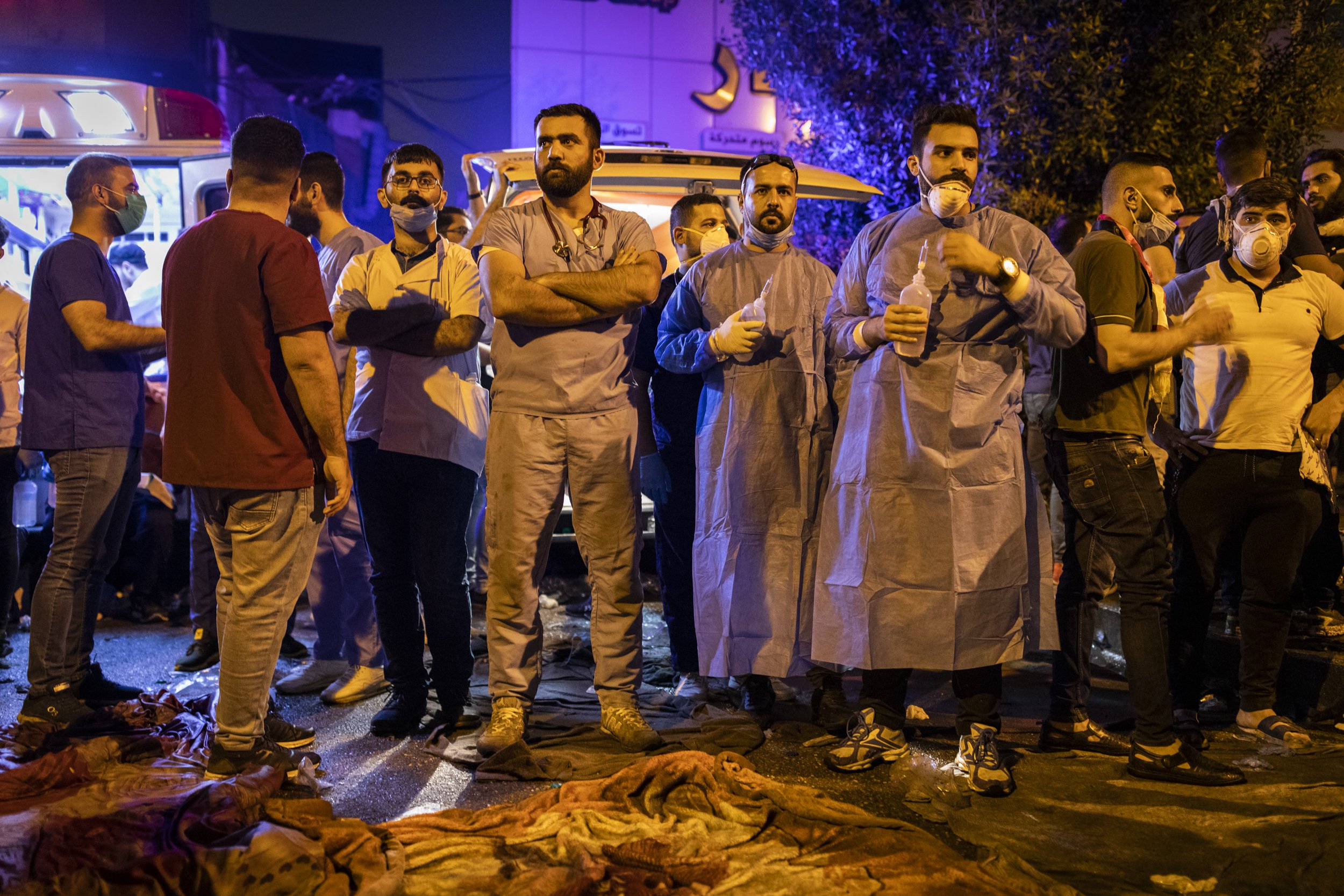  A group of volunteer doctors and medics waited for injured protesters to arrive at their first aid station on the edge of Tahrir Square in Baghdad.  