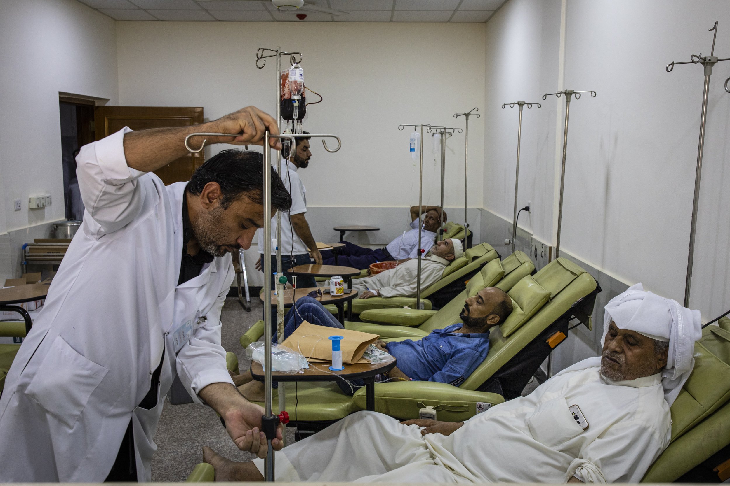 Male patients received chemotherapy at the over crowded cancer hospital in Basra city.