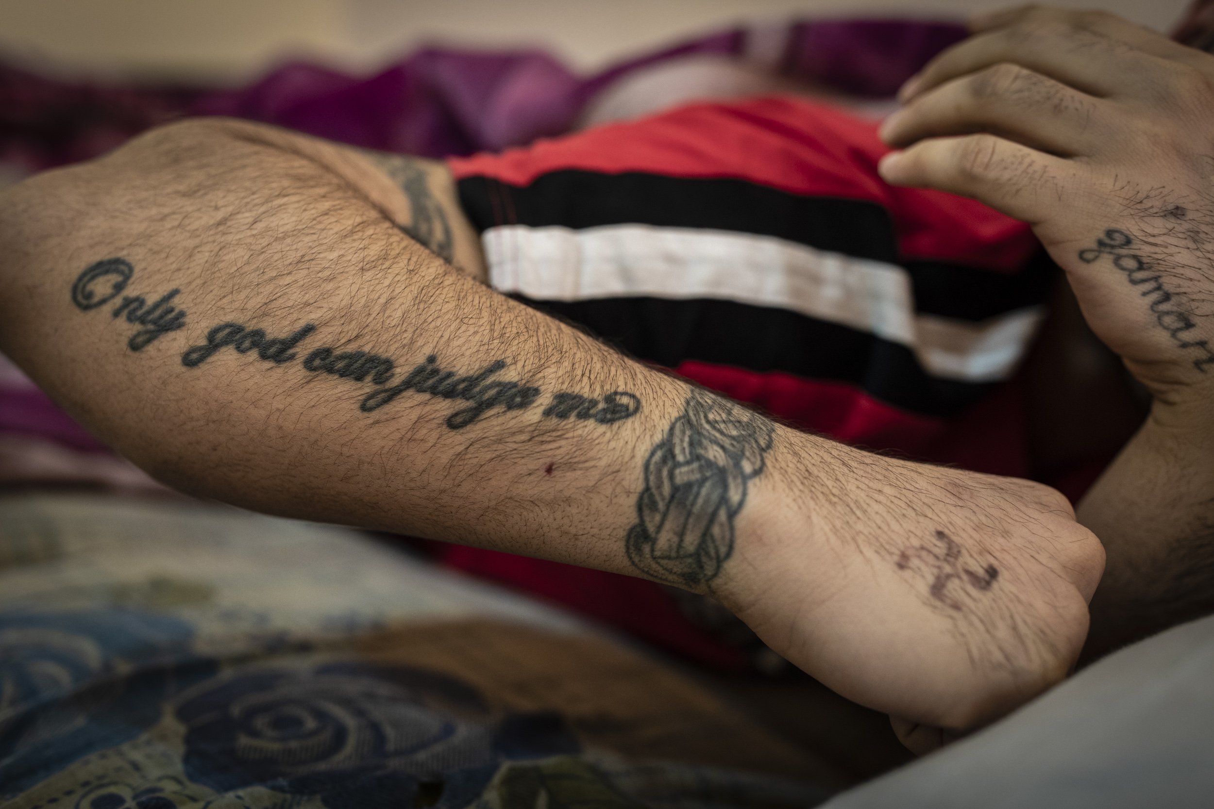  Inmates showed off their tattoos at a special rehabilitation prison for convicted drug addicts and dealers who were arrested in operations targeting the illegal drug trade in southern Iraq.  