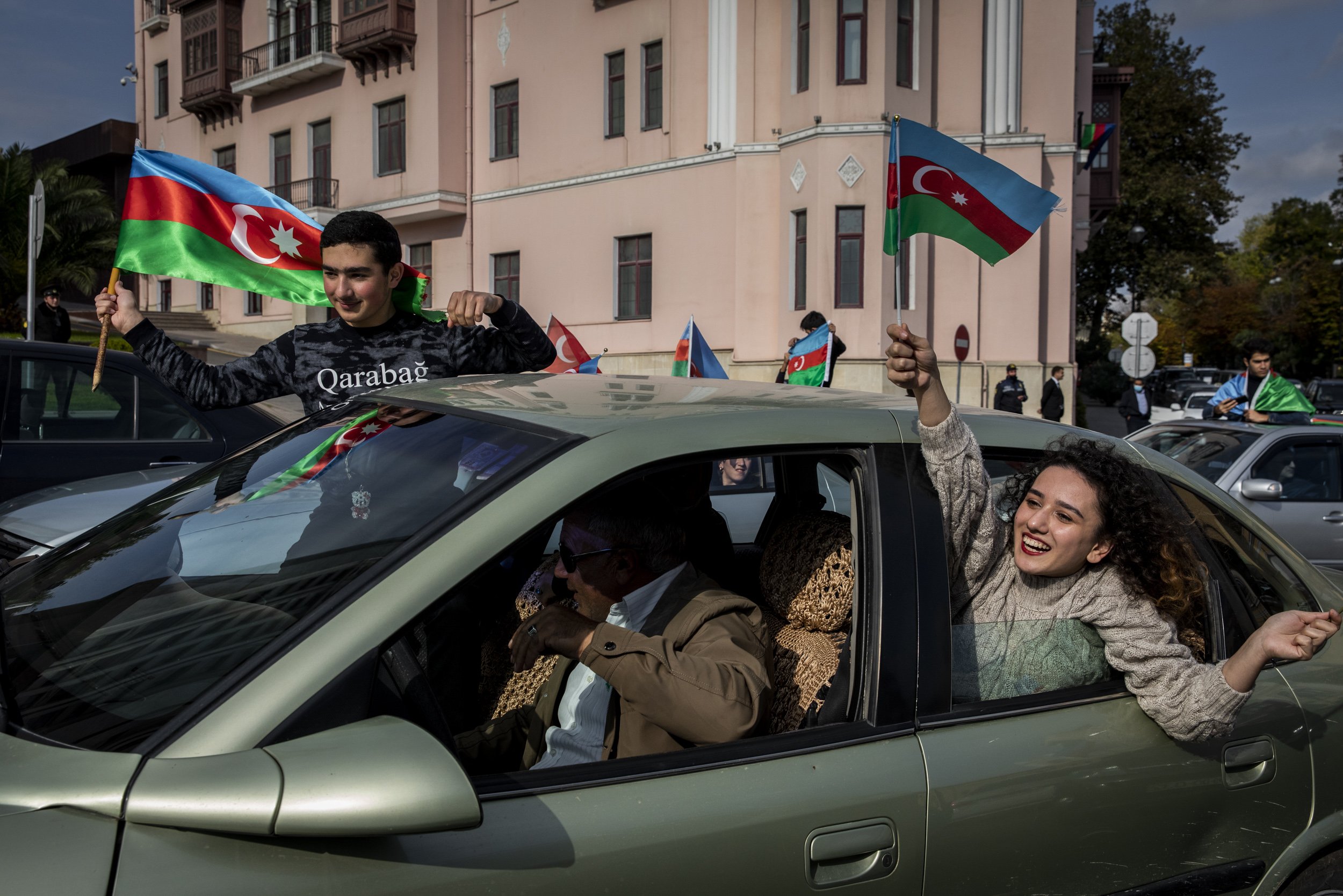  Azeris celebrated victory and commemorated martyrs in Baku, one week after a peace deal was announced over Nagorno Karabakh. 