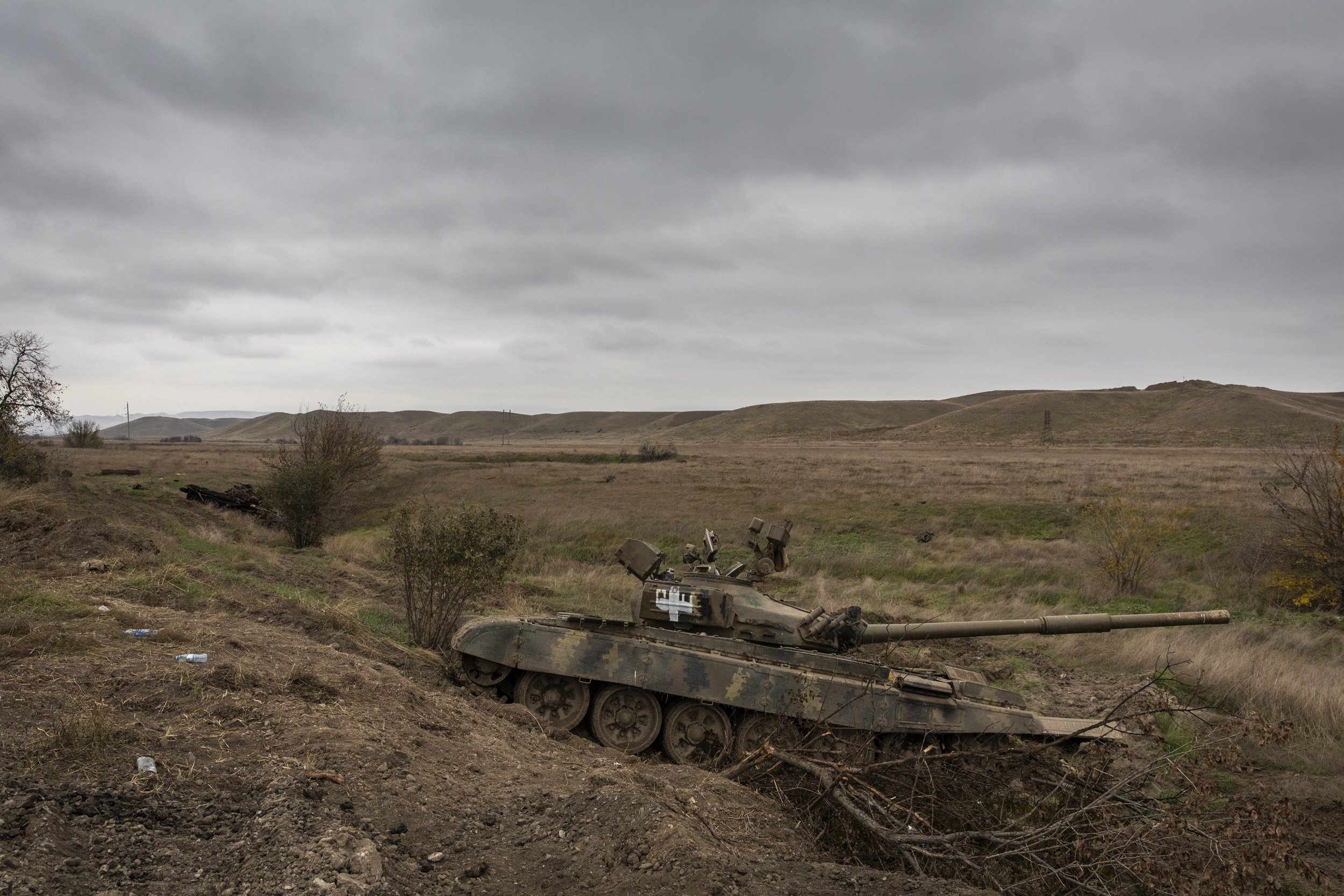  Destroyed Armenian tanks lay on the side of a road near the former frontline in the Fizuli region of Axerbaijan, that was retaken by Azeri forces after nearly 30 years of Armenian control. 