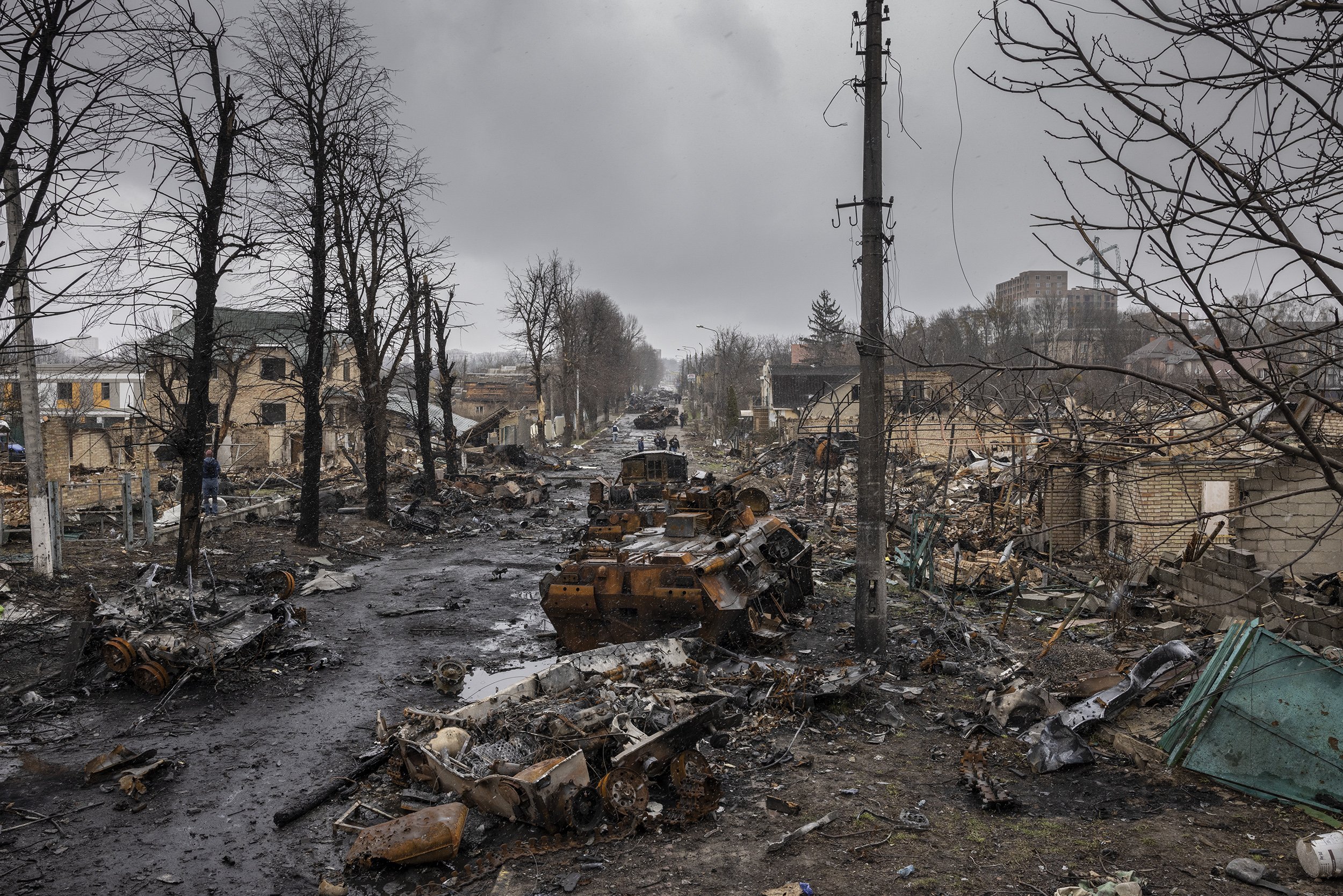  The remnants of a destroyed Russian military column, that was hit by Ukrainian forces when Russian troops initially entered the town of Bucha, was seen in the initial days after the area was liberated. April, 2022. 