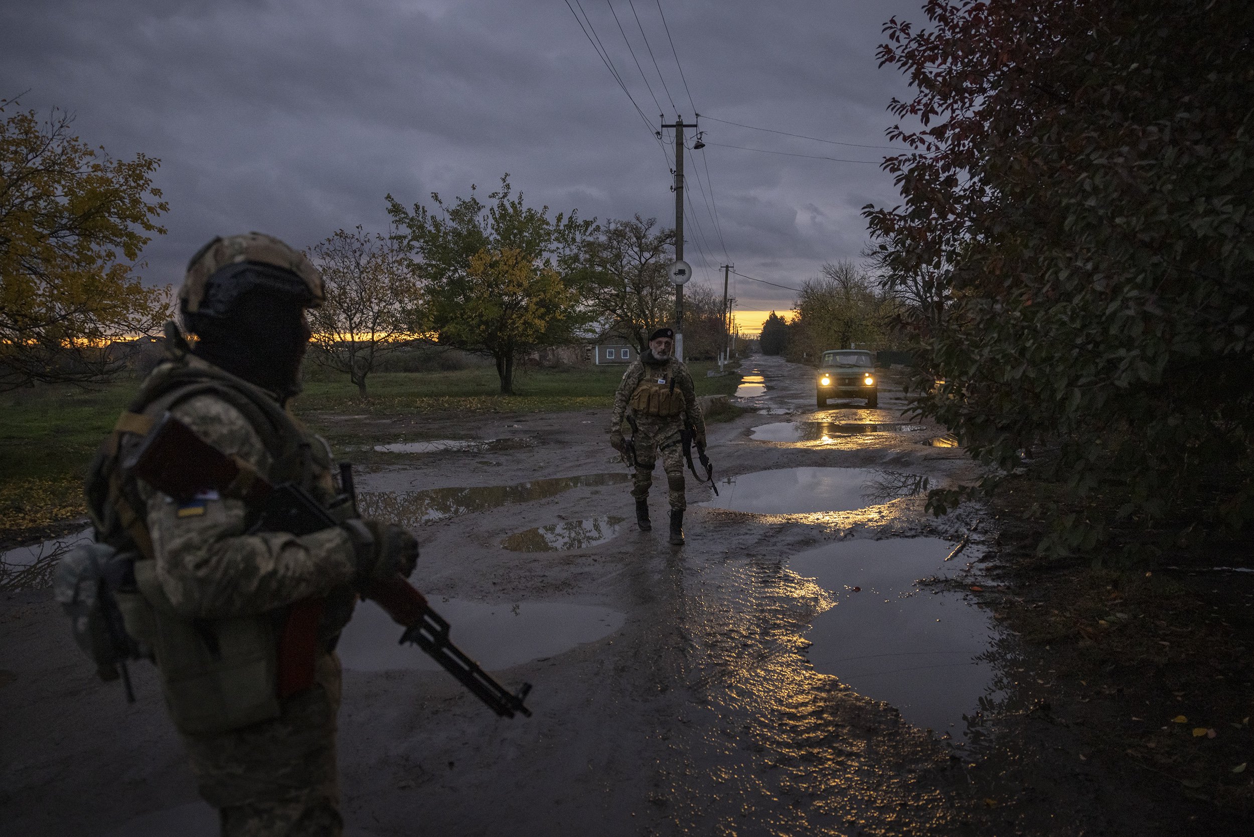  Soldiers with a reconnaissance unit of the 129th Brigade Territorial Defence Forces, returned to the village where they would stay for the night before going on an operation the next day on the frontline in the Kherson region of Ukraine. October, 20