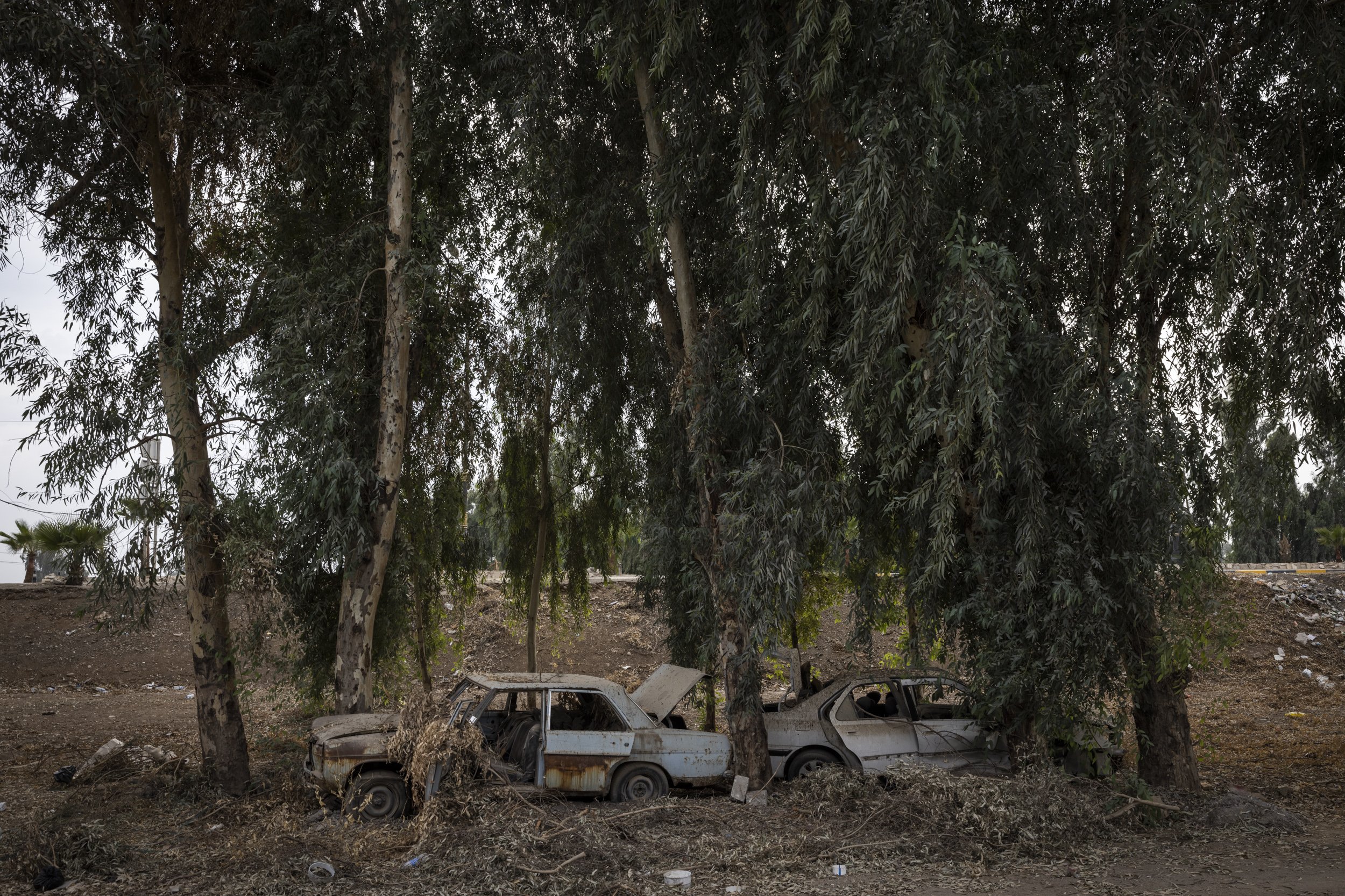  Destroyed cars near the site of a bombing that killed more than 15 people, including the children of Rafi al Iraqi.  