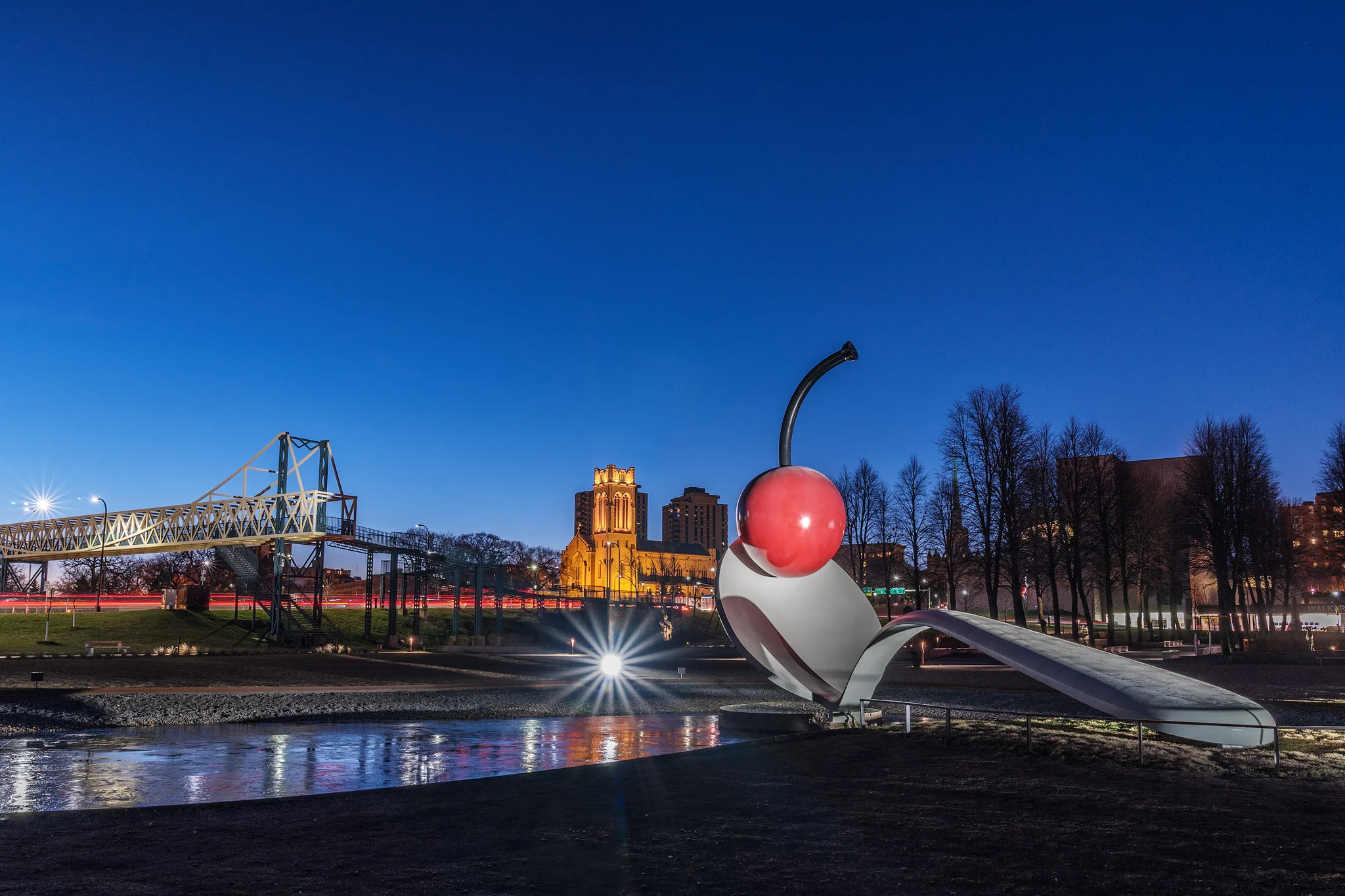 Spoonbridge and Cherry at dawn by Claes Oldenburg Coosje van Bruggen, Walker Art Center, Minneapolis MN