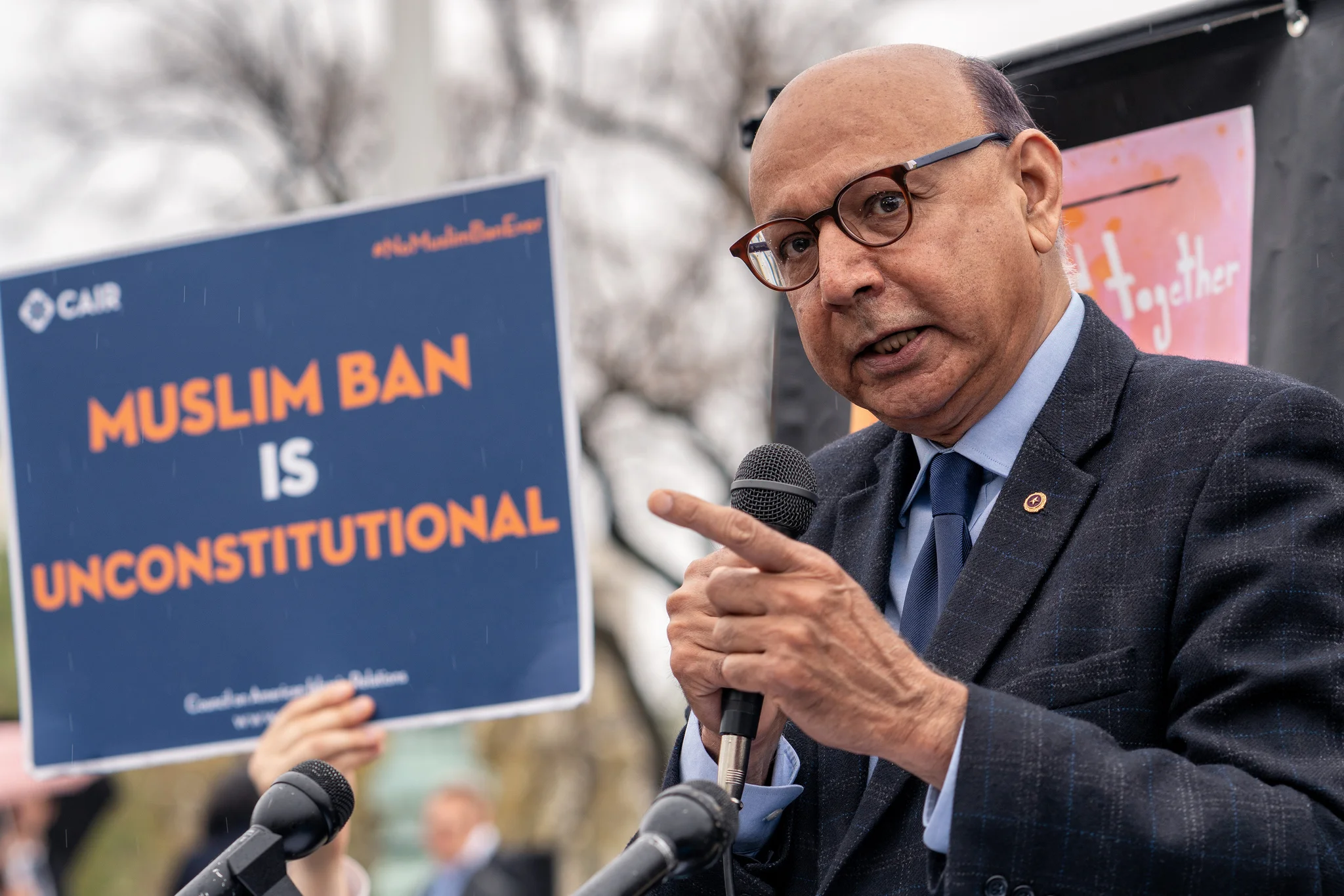 Khizr Khan speaking at the Supreme Court after oral arguments on Trump’s latest Muslim Ban