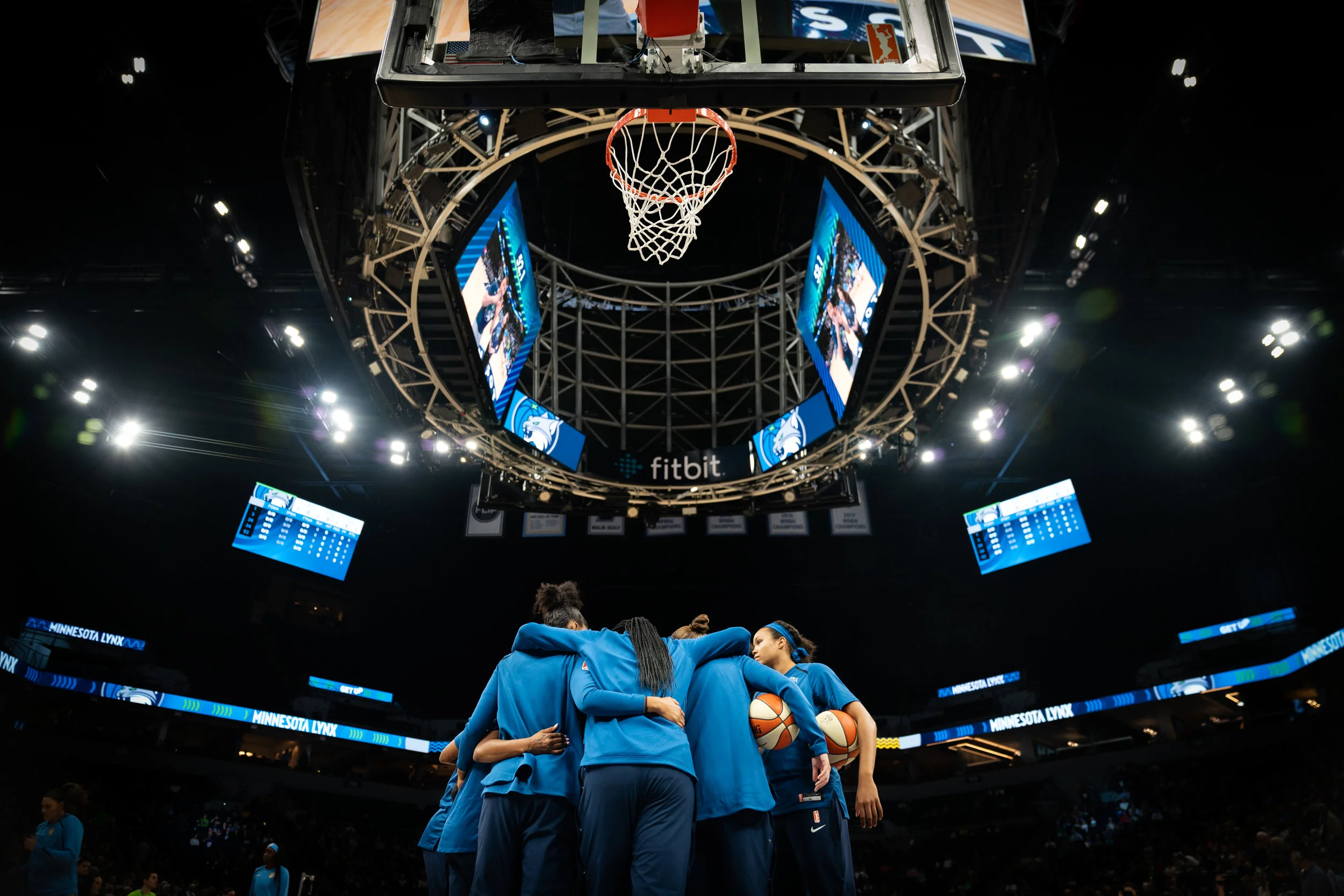 The Minnesota Lynx huddle before a game against the Chicago Sky