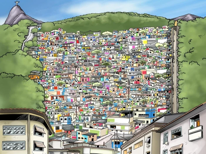 Positive imaginations of the favela: advertising for painting initiative by private company Coral. Drawing by Jorge Abrantes.