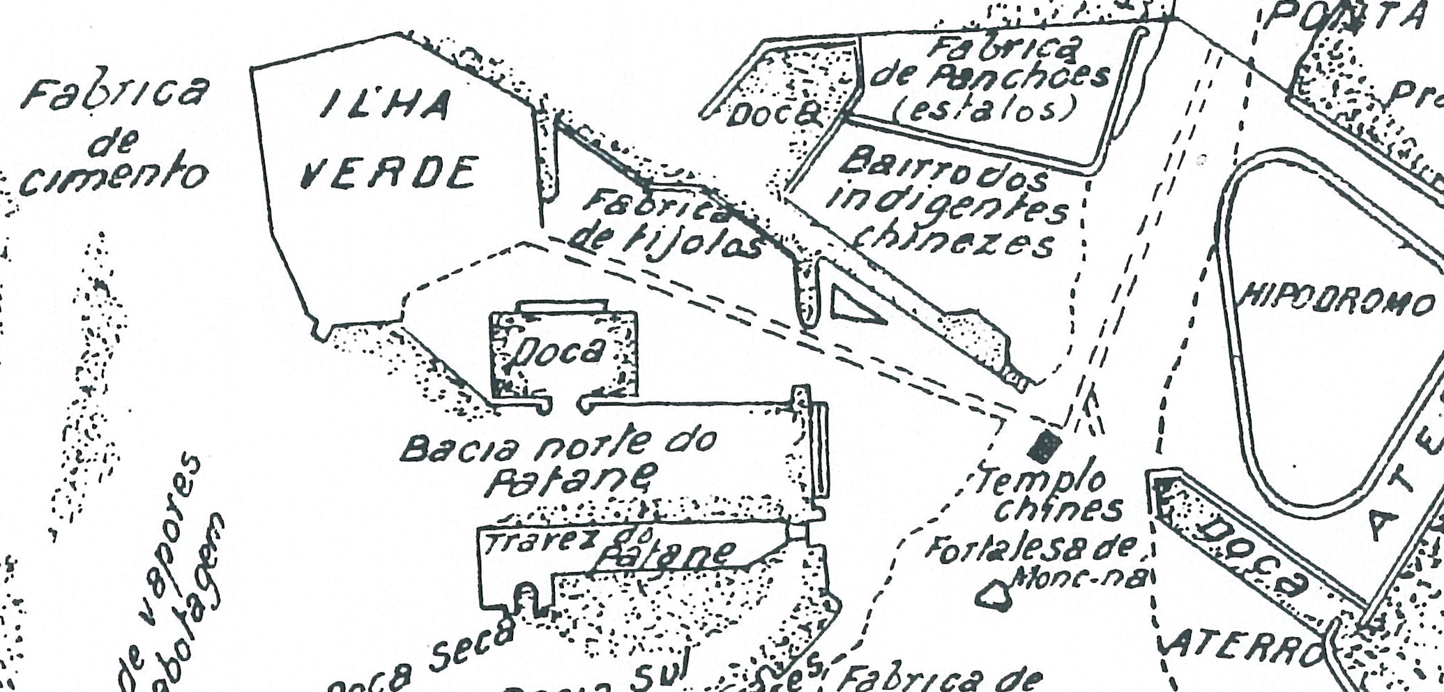 A map of Macau, 1922. The area of Bairro da Ilha Verde is marked as the ‘Neighbourhood of the Chineze Indigent’. Source: Jesus, 1990.