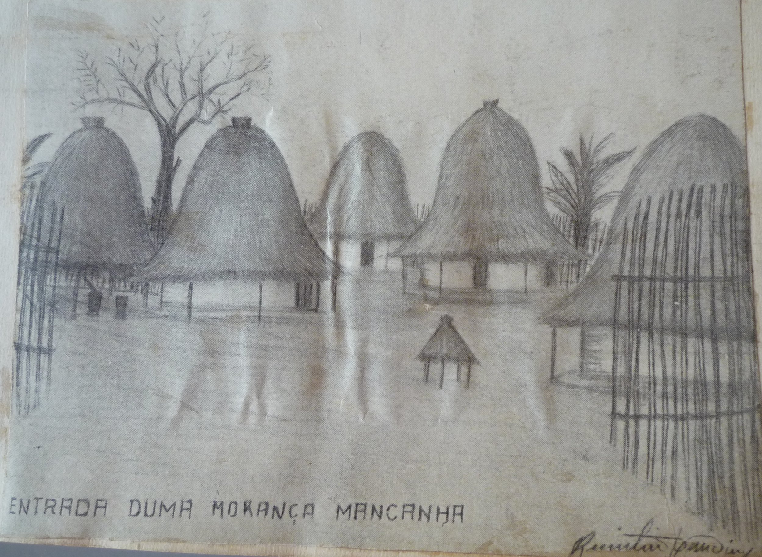 Naïve drawing of a Mancanha settlement, entitled ‘Entrance of a Mancanha Morança’, by colonial anthropologist Fernando Rogado Quintino, date unknown. Source: Boletim Cultural da Guiné Portuguesa.