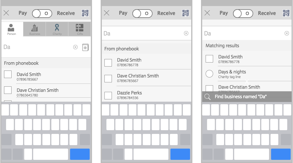 Wireframes exploring payment journey through payee search