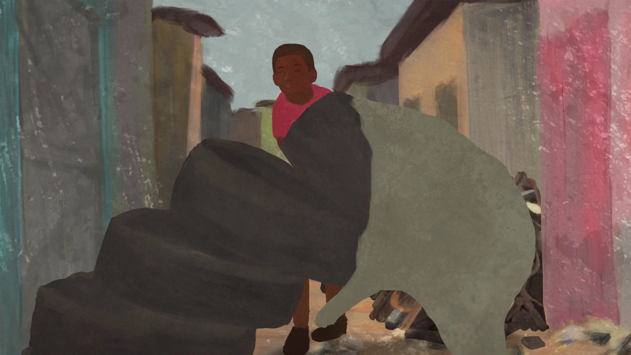 Scraps combines traditional painting techniques with contemporary, digital practices to emphasize the unexpected paint-strokes and color shifts that occur in traditional oil painting.